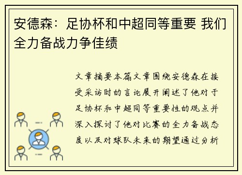 安德森：足协杯和中超同等重要 我们全力备战力争佳绩