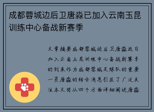 成都蓉城边后卫唐淼已加入云南玉昆训练中心备战新赛季